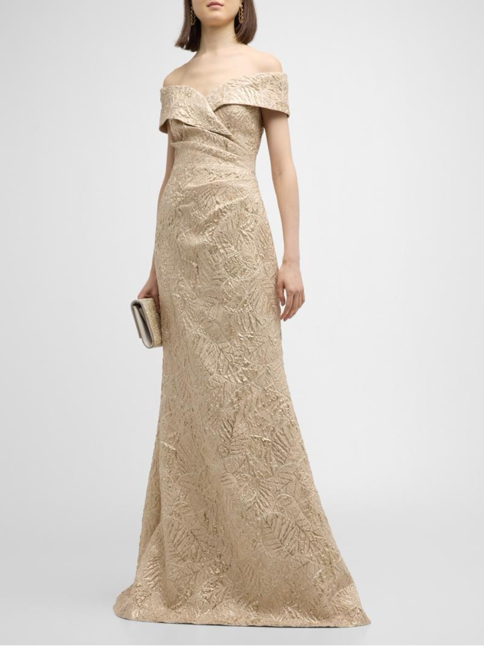 Rickie Freeman For Teri Jon New Off The Shoulder Metallic Jacquard Gown In Gold